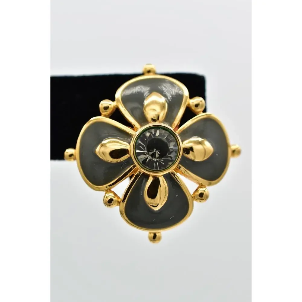 Joan Rivers Vintage Flower Clip On Earrings Gray Enamel Crystal Signed 90s BinBK